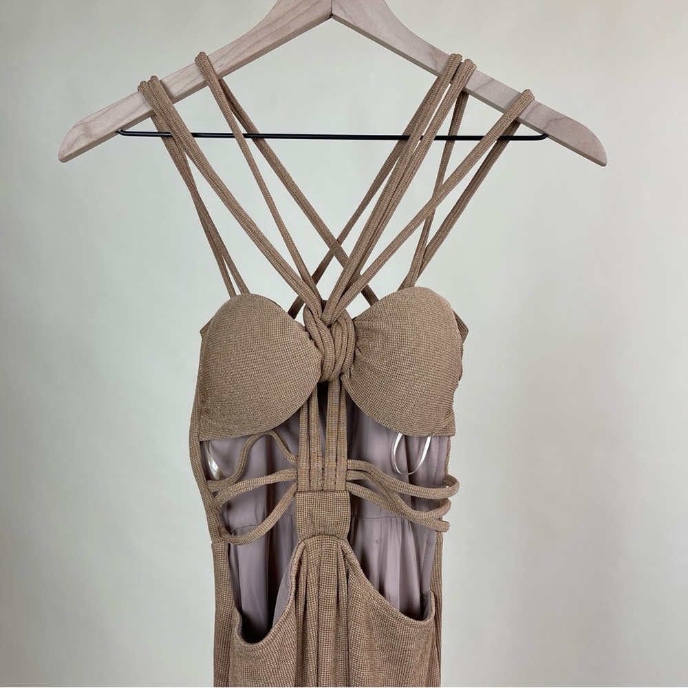 PatBO Knit Cut Out Maxi Dress in Camel Tan Beach Island Vacation Tropical Resort - Picture 5 of 9